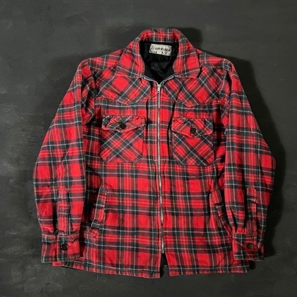 Vintage Van Heusen Zip Up Flannel Medium Red 1970s Plaid Quilted